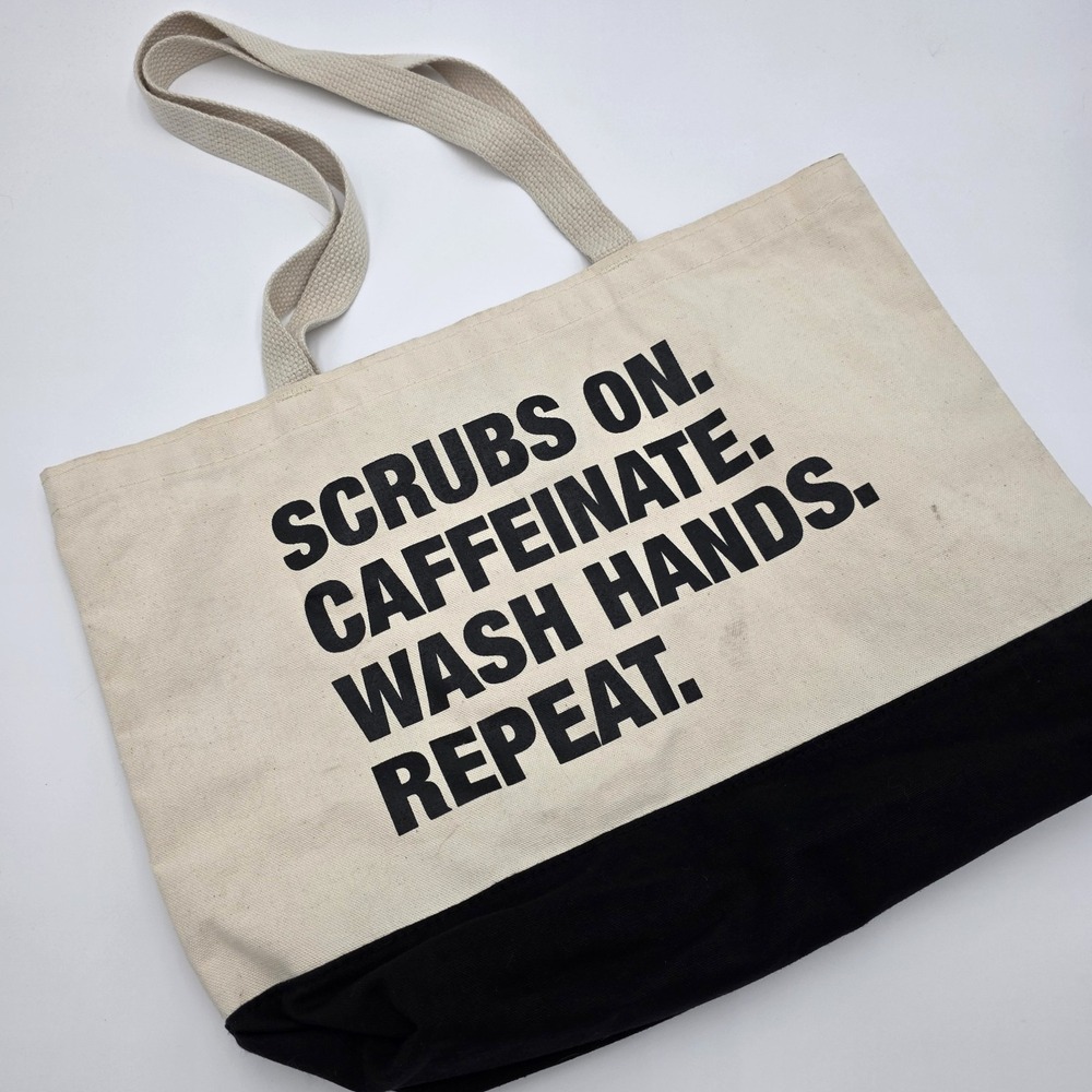Nurse 4 Things Canvas Tote Custom Bag - Scrubs On, Caffinate, Wash Hands, Repeat
